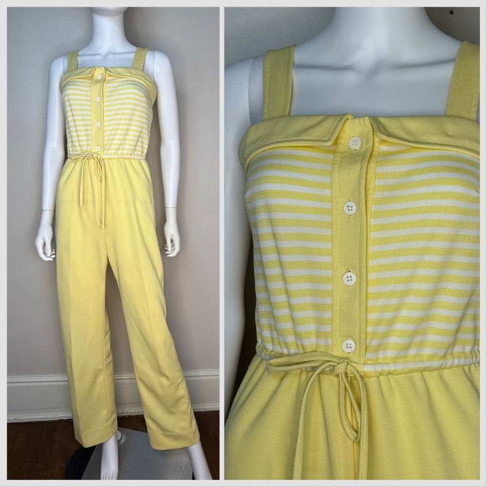 Vintage 1970s Yellow Stripe Polyester Double Knit Jumpsuit, Melissa Lane Size XS